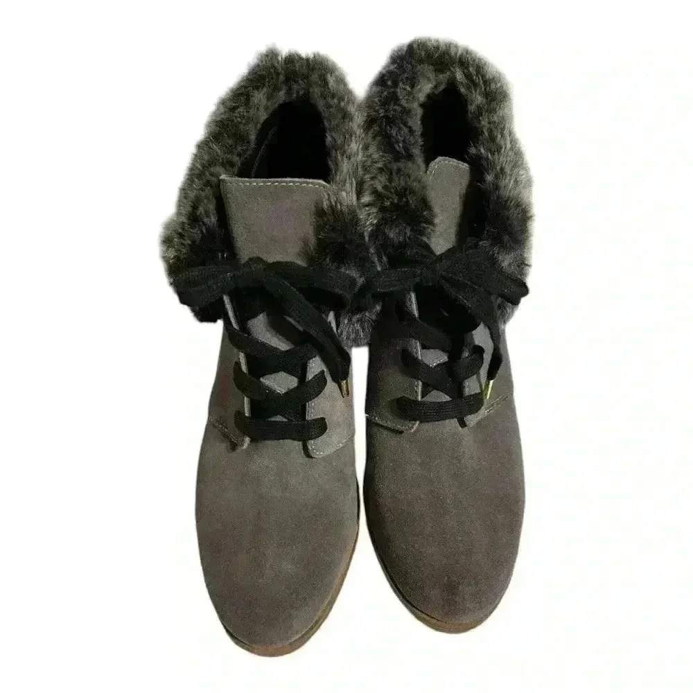 Cole Haan Coralie Waterproof Gray Suede Wedge Faux Fur Bootie Women’s 9